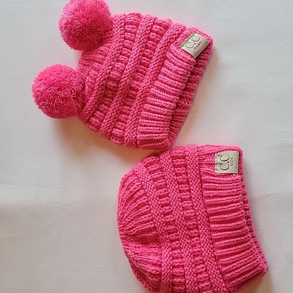 cc kids Other - Lot of 2 baby girls pink CC kids knit hats pom poms ponytail